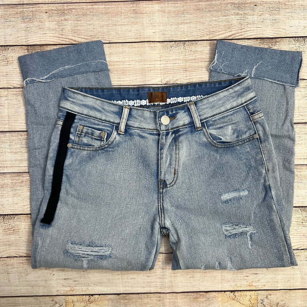 POL Size Small Premium Denim Distressed Jeans Light Wash Raw Hem Skinny Ankle